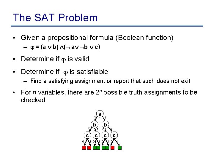 The SAT Problem • Given a propositional formula (Boolean function) – = (a b)