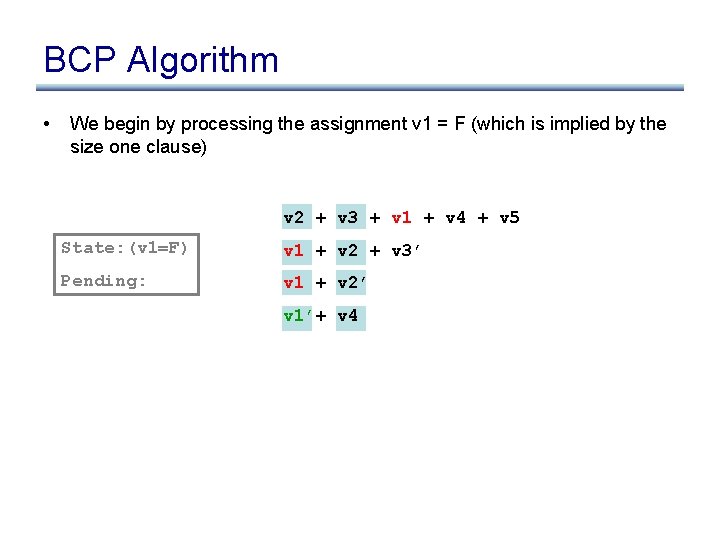 BCP Algorithm • We begin by processing the assignment v 1 = F (which