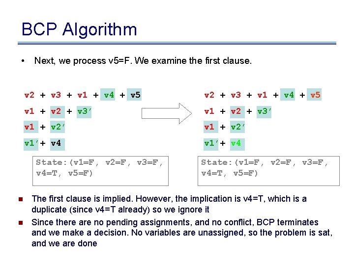 BCP Algorithm • Next, we process v 5=F. We examine the first clause. v