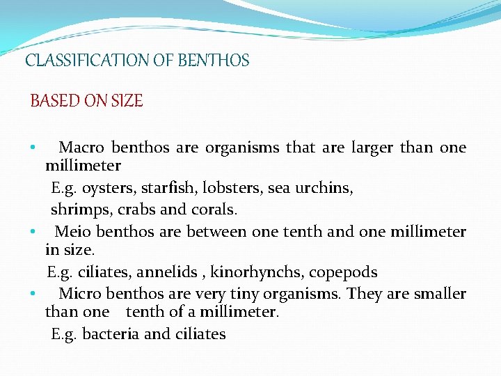 CLASSIFICATION OF BENTHOS BASED ON SIZE Macro benthos are organisms that are larger than