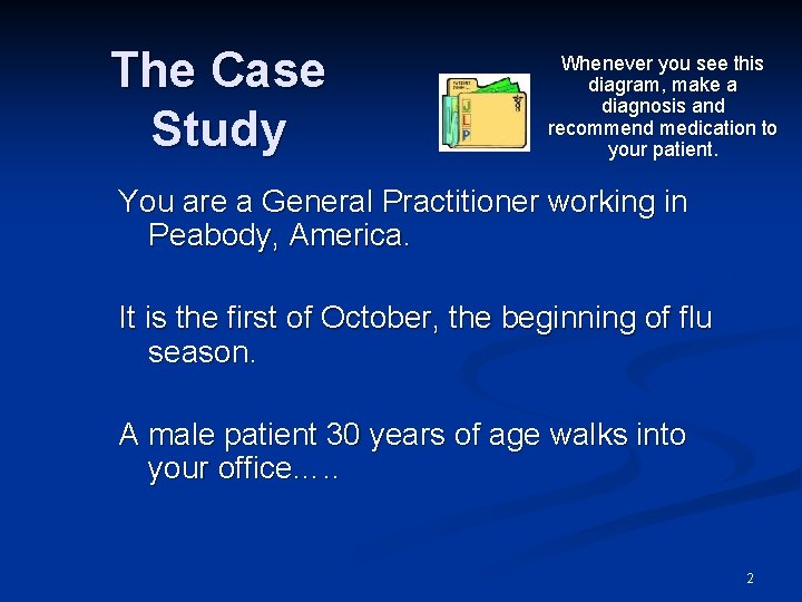 The Case Study Whenever you see this diagram, make a diagnosis and recommend medication
