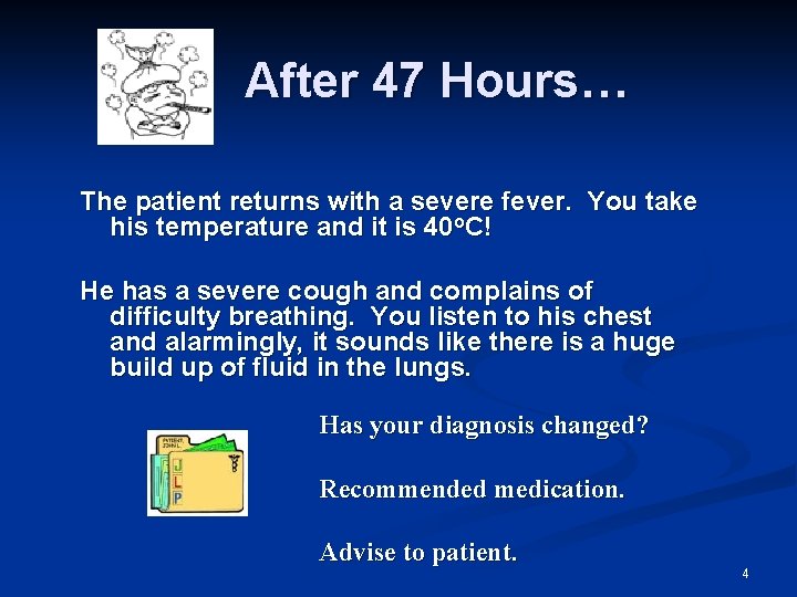 After 47 Hours… The patient returns with a severe fever. You take his temperature