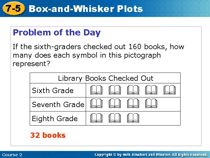 7 -5 Box-and-Whisker Plots Problem of the Day If the sixth-graders checked out 160