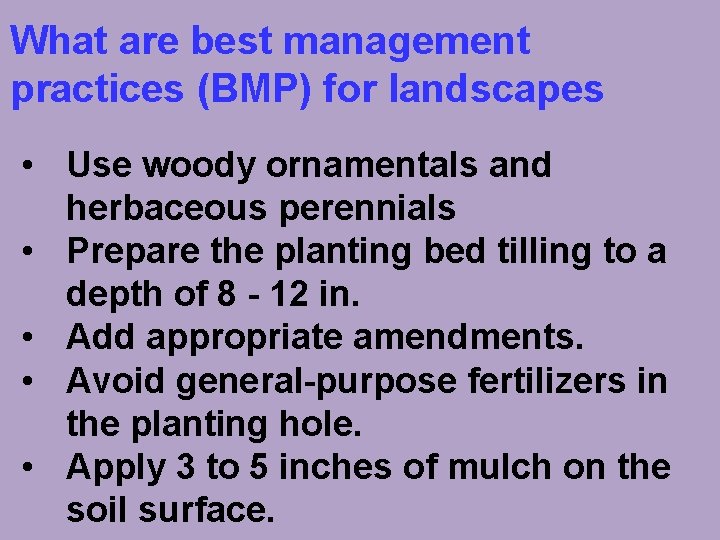 What are best management practices (BMP) for landscapes • Use woody ornamentals and herbaceous