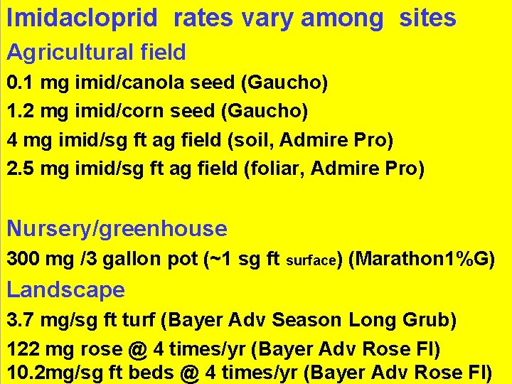 Imidacloprid rates vary among sites Agricultural field 0. 1 mg imid/canola seed (Gaucho) 1.