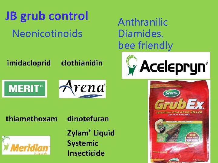 JB grub control Neonicotinoids imidacloprid thiamethoxam clothianidin dinotefuran Zylam® Liquid Systemic Insecticide Anthranilic Diamides,