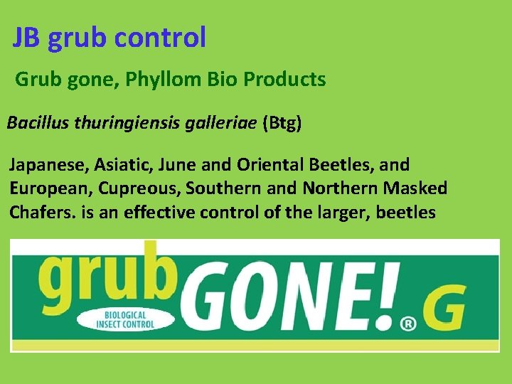 JB grub control Grub gone, Phyllom Bio Products Bacillus thuringiensis galleriae (Btg) Japanese, Asiatic,