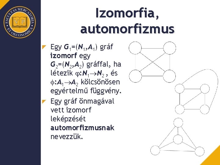 Izomorfia, automorfizmus Egy G 1=(N 1, A 1) gráf izomorf egy G 2=(N 2,