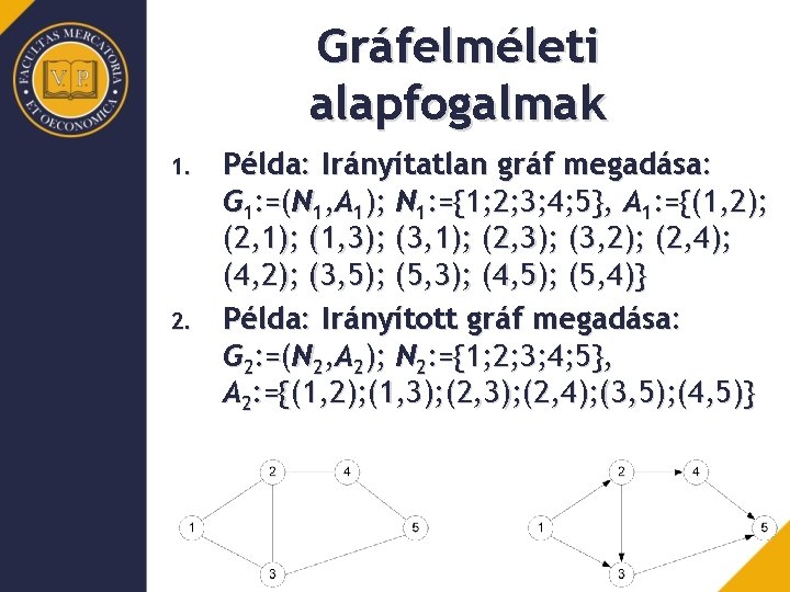 Gráfelméleti alapfogalmak 1. 2. Példa: Irányítatlan gráf megadása: G 1: =(N 1, A 1);