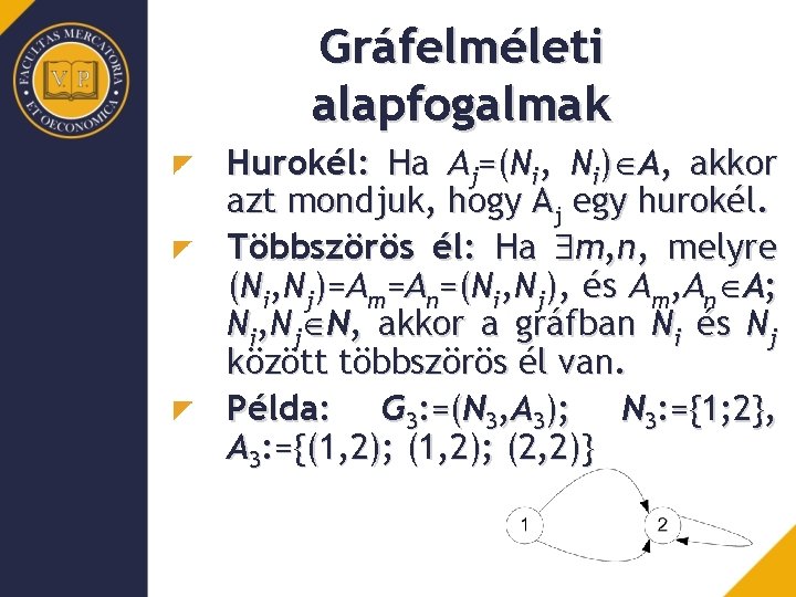 Gráfelméleti alapfogalmak Hurokél: Ha Aj=(Ni, Ni) A, akkor azt mondjuk, hogy Aj egy hurokél.