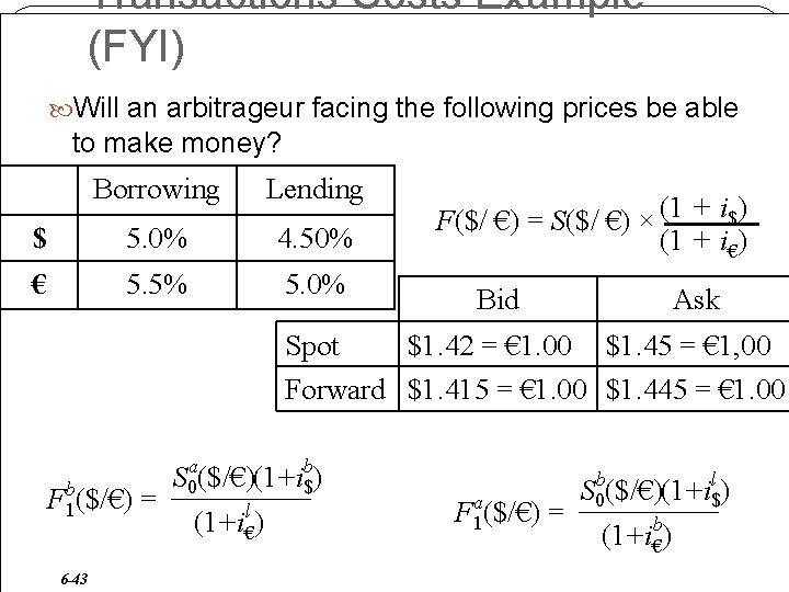 Transactions Costs Example (FYI) Will an arbitrageur facing the following prices be able to