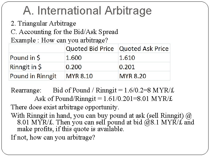 A. International Arbitrage 2. Triangular Arbitrage C. Accounting for the Bid/Ask Spread Example :