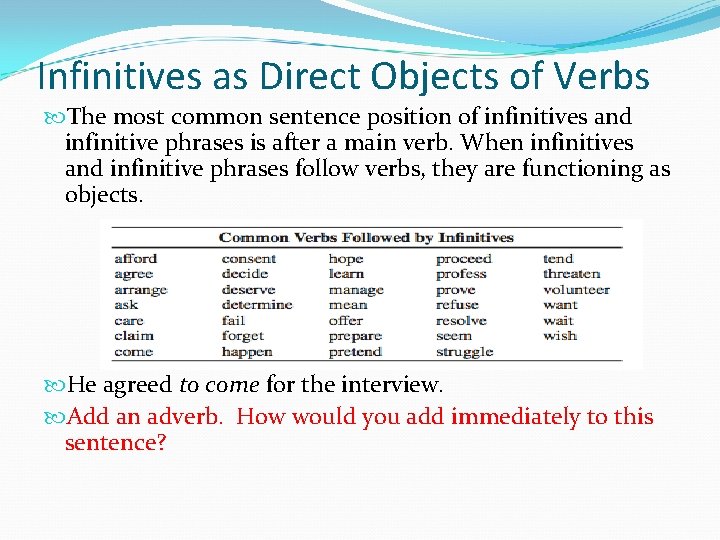 Infinitives as Direct Objects of Verbs The most common sentence position of infinitives and