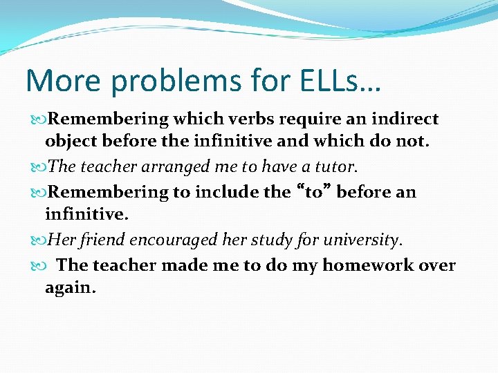 More problems for ELLs… Remembering which verbs require an indirect object before the infinitive