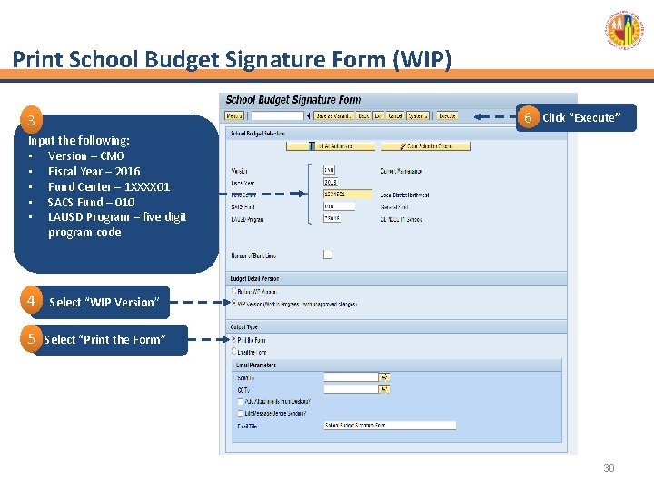 Print School Budget Signature Form (WIP) 6 3 Click “Execute” Input the following: •