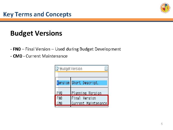 Key Terms and Concepts Budget Versions - FN 0 – Final Version – Used