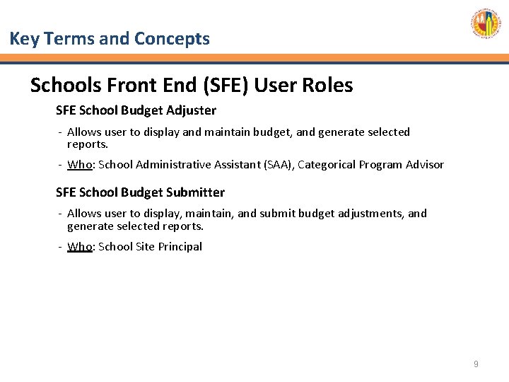 Key Terms and Concepts Schools Front End (SFE) User Roles SFE School Budget Adjuster