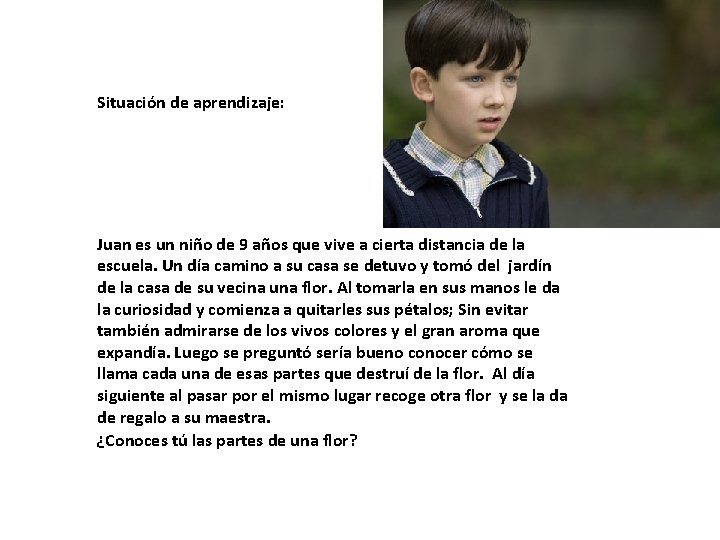 Situación de aprendizaje: Juan es un niño de 9 años que vive a cierta