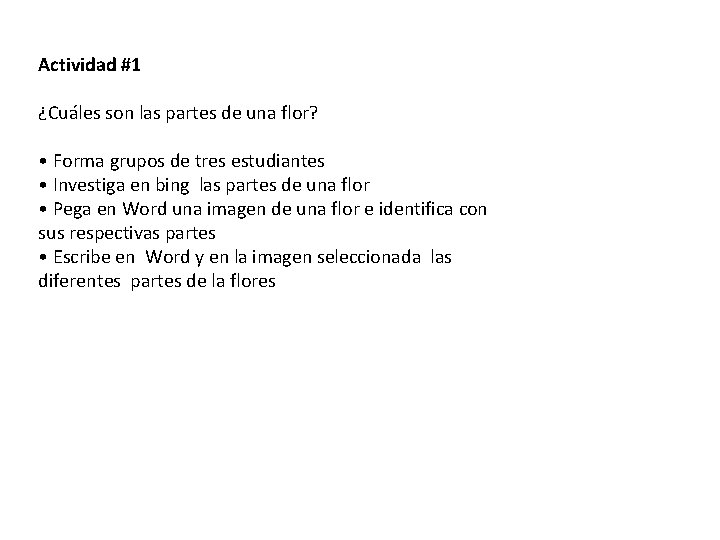 Actividad #1 ¿Cuáles son las partes de una flor? • Forma grupos de tres