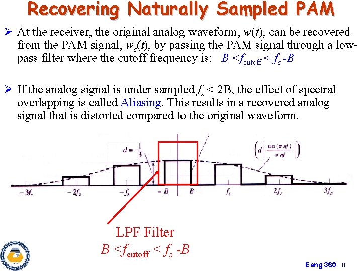 Recovering Naturally Sampled PAM Ø At the receiver, the original analog waveform, w(t), can