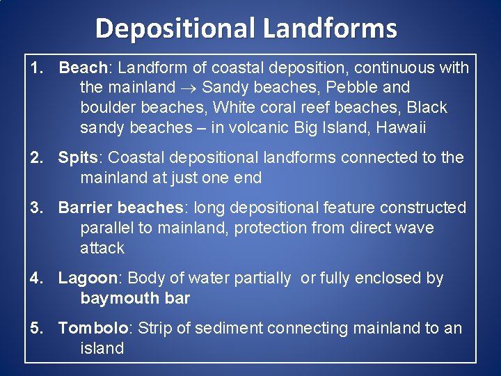 Depositional Landforms 1. Beach: Landform of coastal deposition, continuous with the mainland Sandy beaches,
