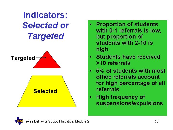 Indicators: Selected or Targeted Selected Texas Behavior Support Initiative: Module 2 • Proportion of