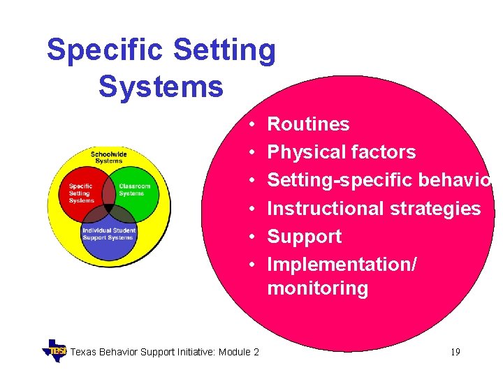 Specific Setting Systems • • • Texas Behavior Support Initiative: Module 2 Routines Physical