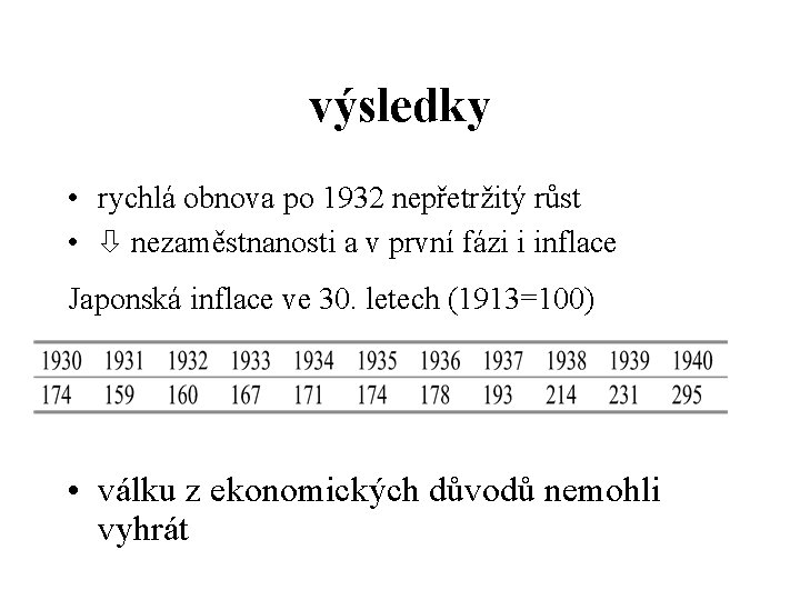 výsledky • rychlá obnova po 1932 nepřetržitý růst • nezaměstnanosti a v první fázi