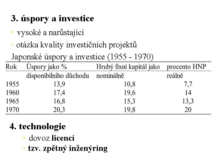 3. úspory a investice • vysoké a narůstající • otázka kvality investičních projektů Japonské