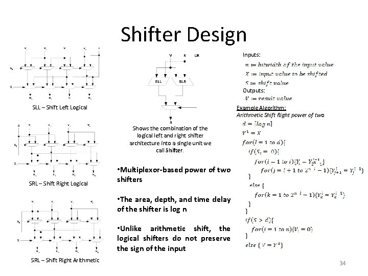 Shifter Design Inputs: Outputs: SLL – Shift Left Logical Example Algorithm: Arithmetic Shift Right