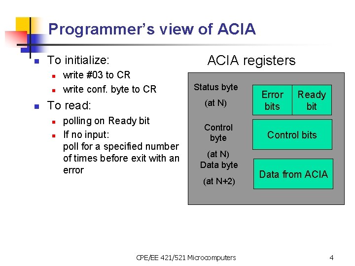 Programmer’s view of ACIA n n ACIA registers To initialize: write #03 to CR