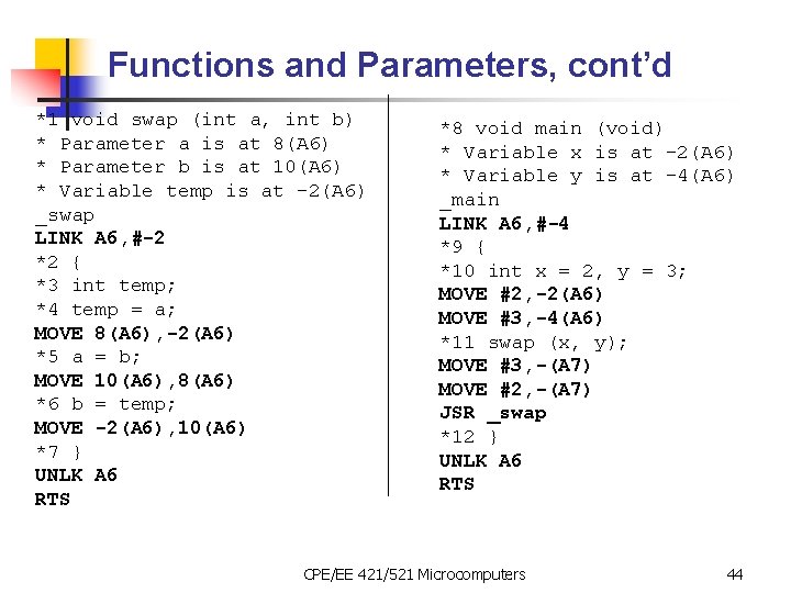 Functions and Parameters, cont’d *1 void swap (int a, int b) * Parameter a