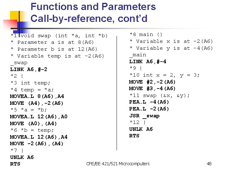Functions and Parameters Call-by-reference, cont’d *8 main () *1 void swap (int *a, int