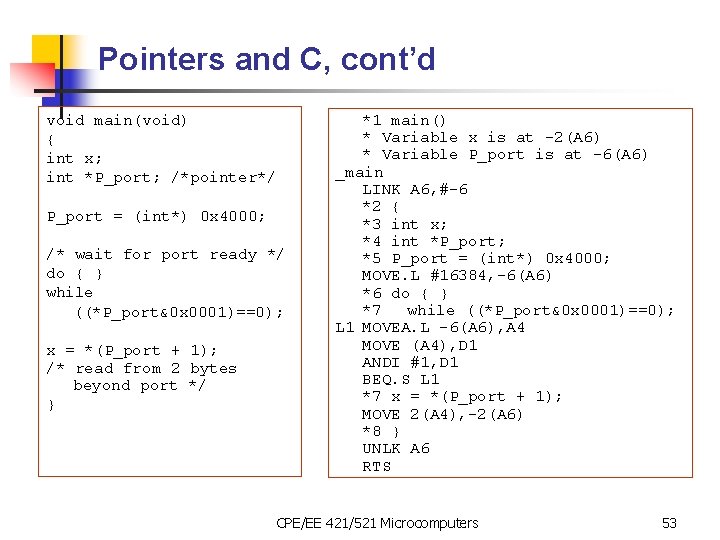 Pointers and C, cont’d void main(void) { int x; int *P_port; /*pointer*/ P_port =