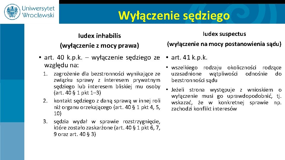 Wyłączenie sędziego Iudex inhabilis (wyłączenie z mocy prawa) Iudex suspectus (wyłączenie na mocy postanowienia