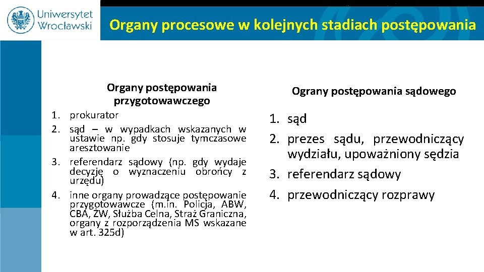 Organy procesowe w kolejnych stadiach postępowania Organy postępowania przygotowawczego 1. prokurator 2. sąd –