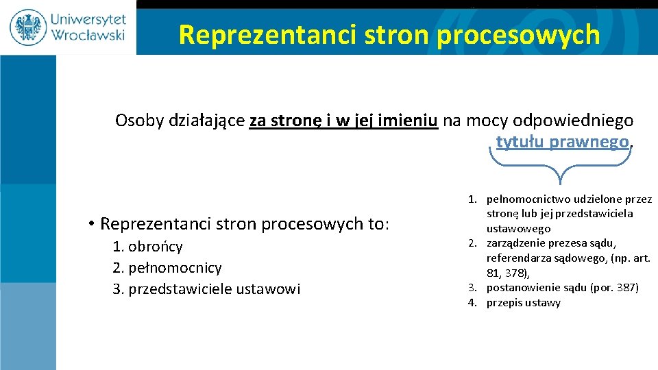 Reprezentanci stron procesowych Osoby działające za stronę i w jej imieniu na mocy odpowiedniego
