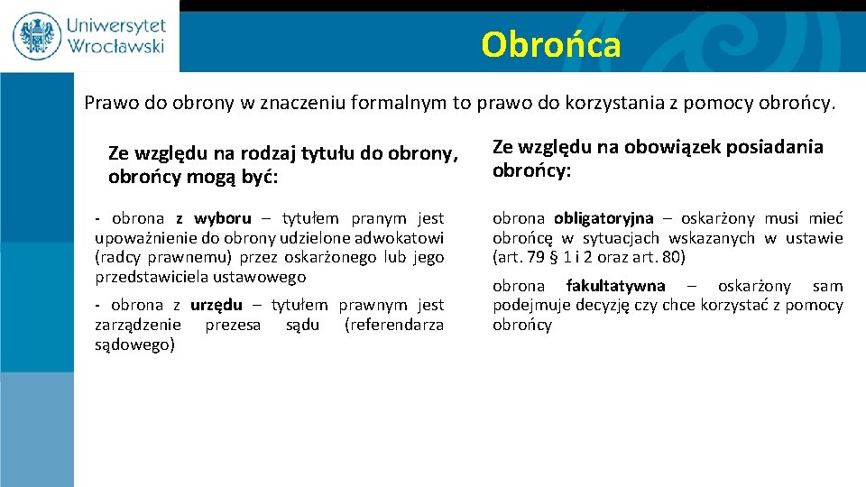 Obrońca Prawo do obrony w znaczeniu formalnym to prawo do korzystania z pomocy obrońcy.