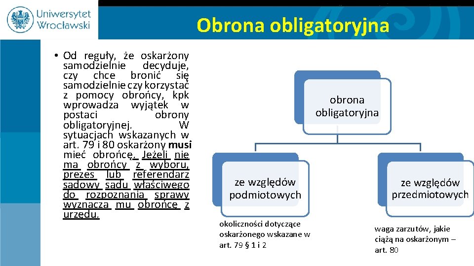 Obrona obligatoryjna • Od reguły, że oskarżony samodzielnie decyduje, czy chce bronić się samodzielnie