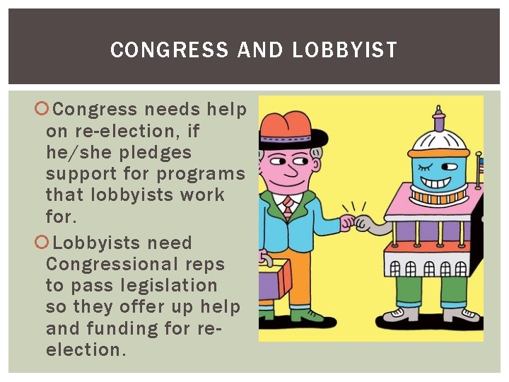 CONGRESS AND LOBBYIST Congress needs help on re-election, if he/she pledges support for programs