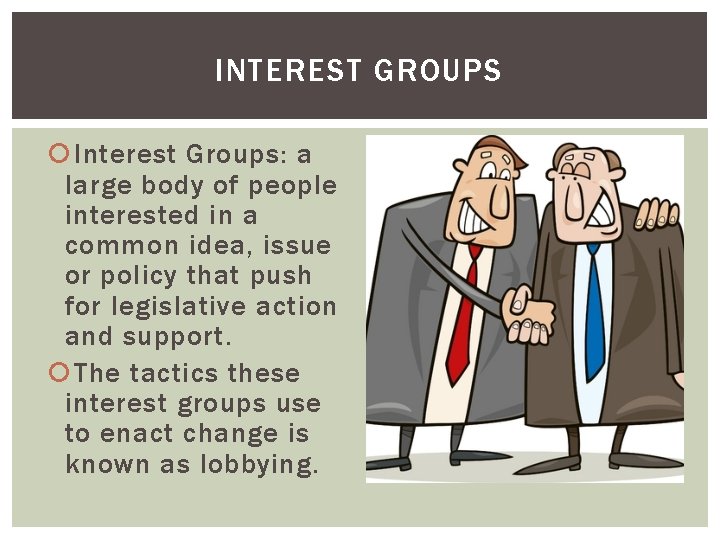 INTEREST GROUPS Interest Groups: a large body of people interested in a common idea,