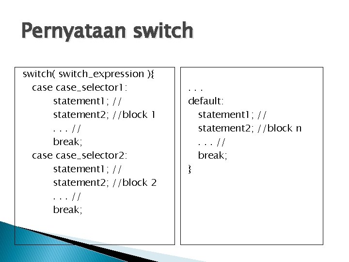 Pernyataan switch( switch_expression ){ case_selector 1: statement 1; // statement 2; //block 1. . Pernyataan switch( switch_expression ){ case_selector 1: statement 1; // statement 2; //block 1. .