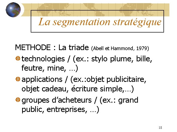 La segmentation stratégique METHODE : La triade (Abell et Hammond, 1979) technologies / (ex.