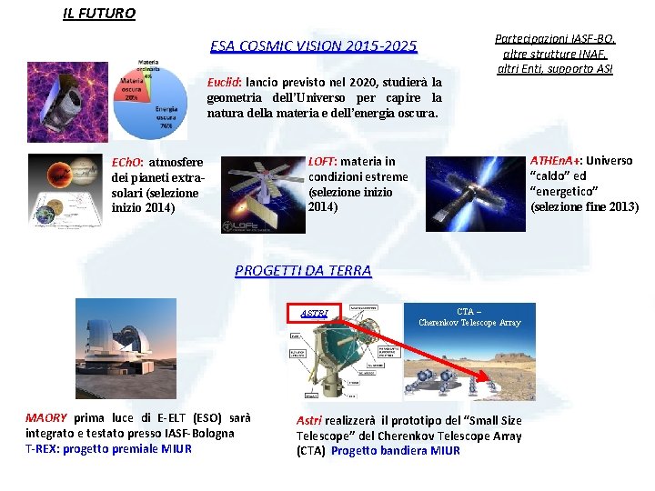 IL FUTURO ESA COSMIC VISION 2015 -2025 Euclid: lancio previsto nel 2020, studierà la