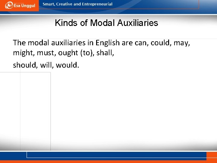 Kinds of Modal Auxiliaries The modal auxiliaries in English are can, could, may, might,