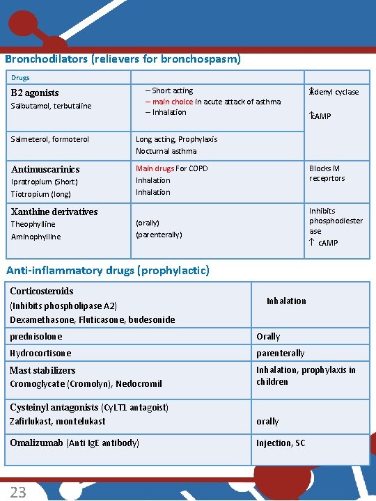 Bronchodilators (relievers for bronchospasm) Drugs – Short acting – main choice in acute attack