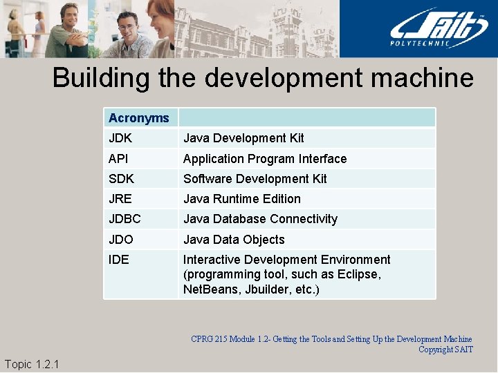 Building the development machine Acronyms JDK Java Development Kit API Application Program Interface SDK