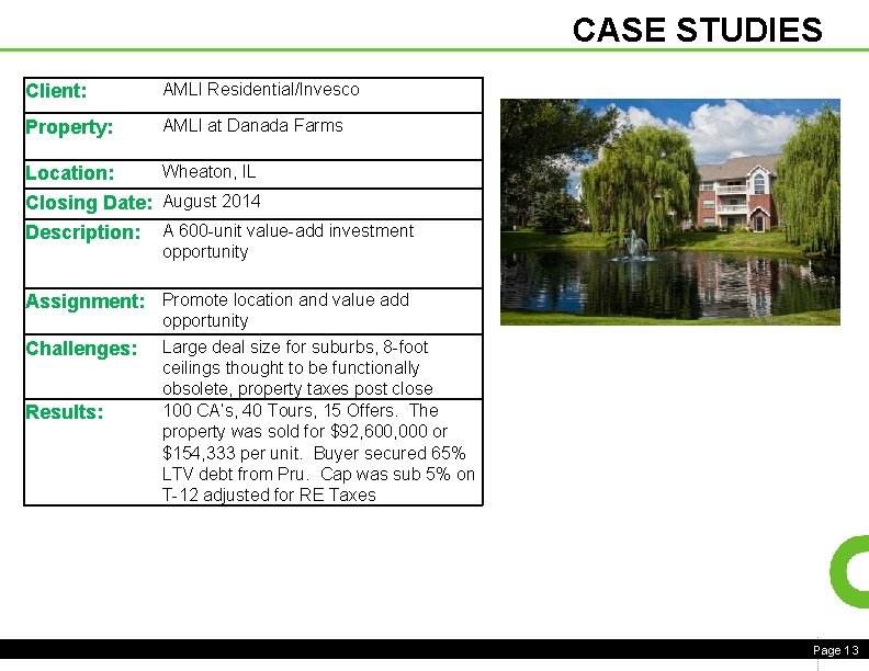 CASE STUDIES Client: AMLI Residential/Invesco Property: AMLI at Danada Farms Wheaton, IL Location: Closing