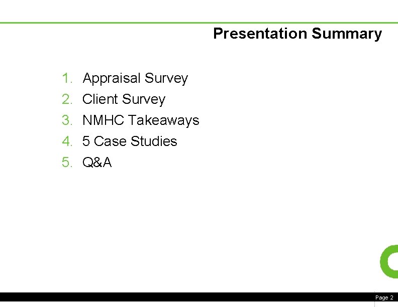 Presentation Summary 1. 2. 3. 4. 5. Appraisal Survey Client Survey NMHC Takeaways 5