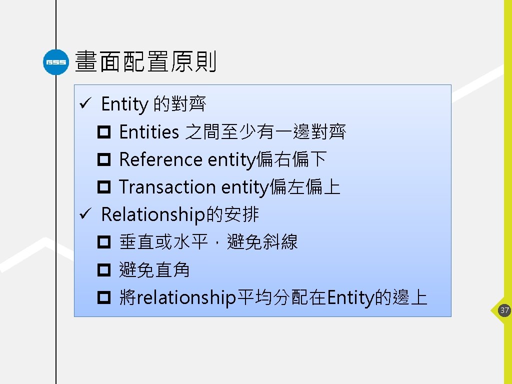 畫面配置原則 ü Entity 的對齊 p Entities 之間至少有一邊對齊 p Reference entity偏右偏下 p Transaction entity偏左偏上 ü